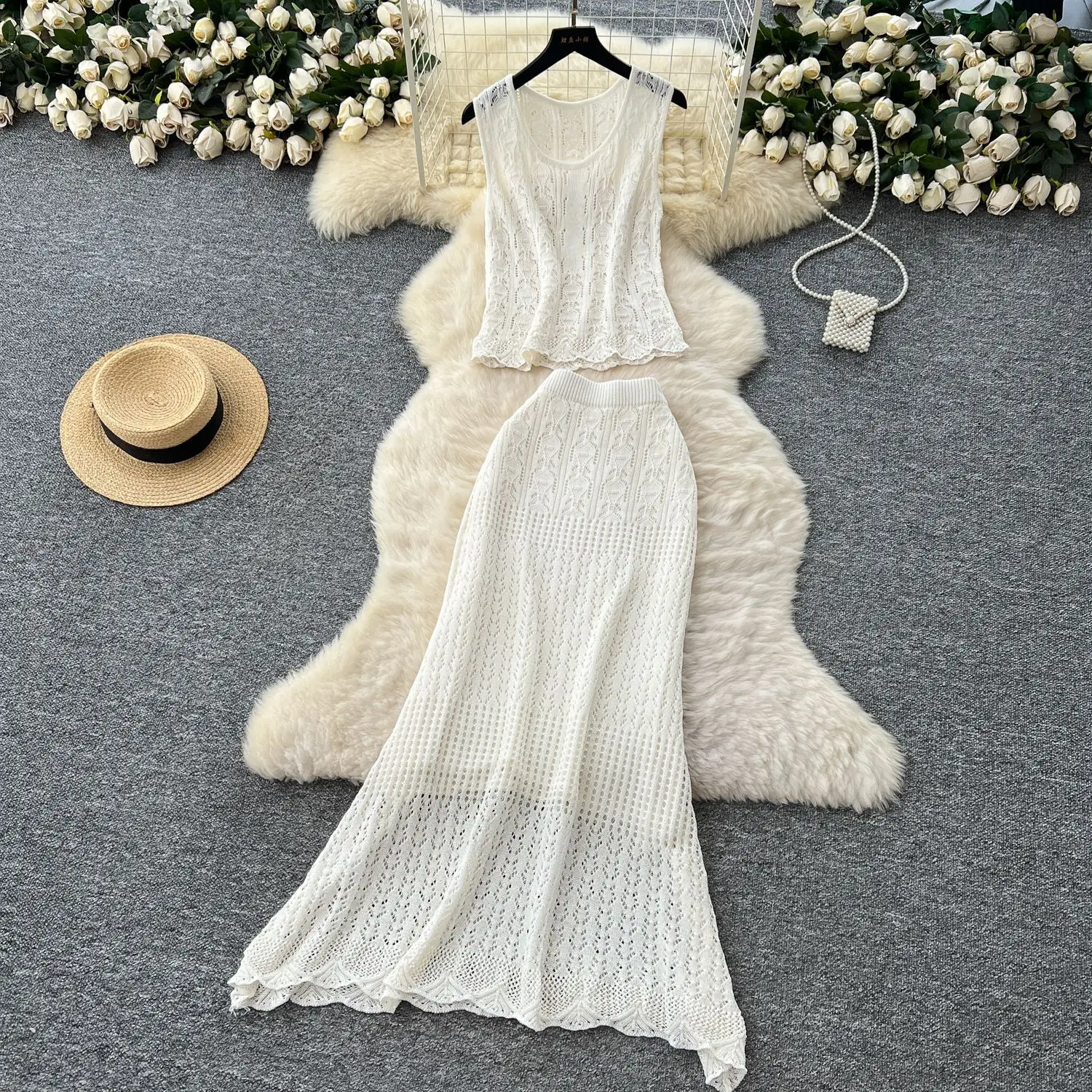 

Summer New Fashion Women's Elegant Solid Color Hollowed Out 2 Piece Sets Sleeveless Suspender Knitted Vest High Waist Skirts