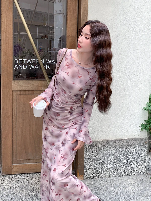 Romantischer Lila Blumendruck Damen Frühling Herbst 2025 Neu Einzigartig Schöner Ele Langer Rock Hohe Taille A-Linie