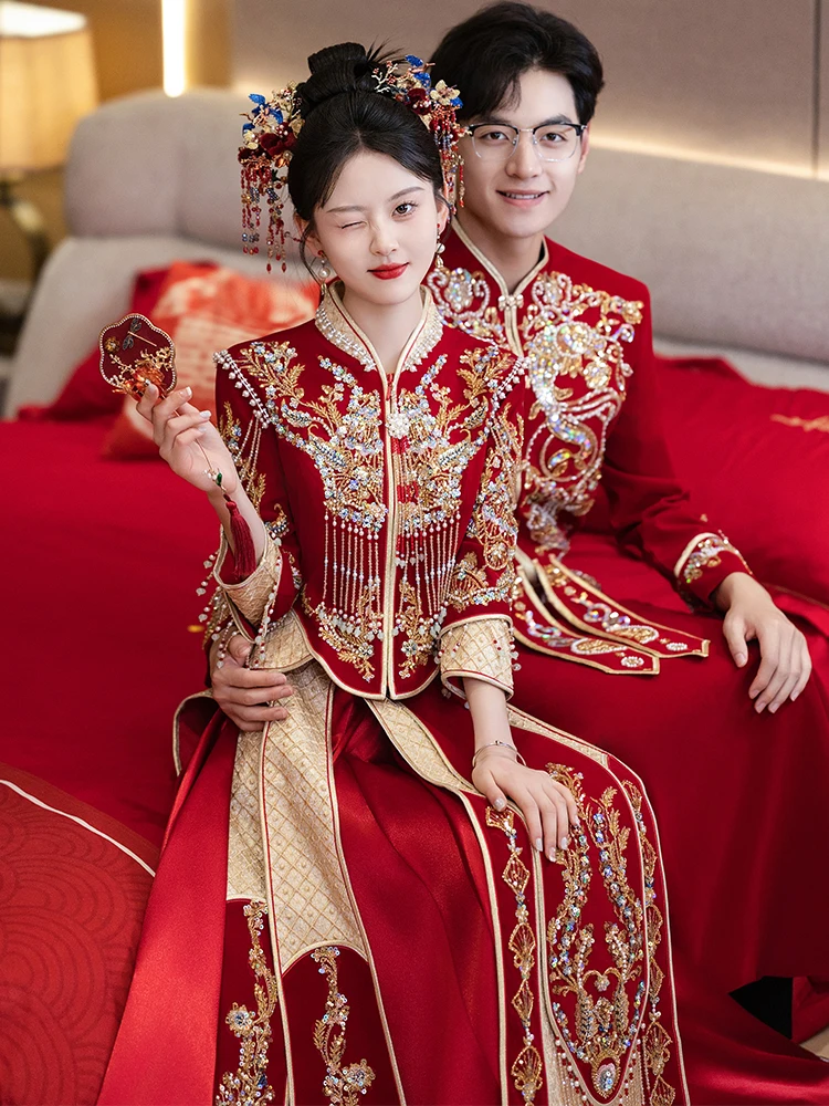 

New 2026 Wedding Dr Traditional Chinese Sle New Bride Heavy Work ow Clothing Marriage Ceremony Flag Robe for Women