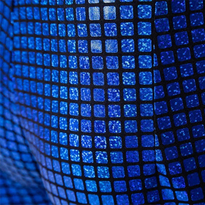 Blue men's luxurious sequined checkered suit pants, fashionable men's dance bar KTV casual wear small elastic pants