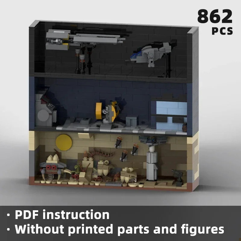 Bloques de escena diorama para fanáticos del juego, juguete de utilería, gadget de nave espacial, arma robot, decoración moc