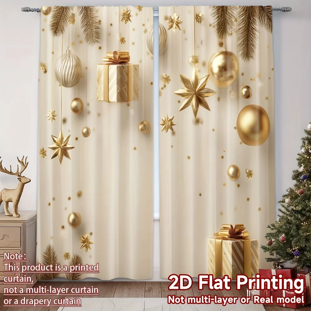 2PCS Christmas Curtains, Gold Gift Box Ball Star Pine, Digital Print, Bedroom Living Room, Rod Pocket Polyester, Home Decor