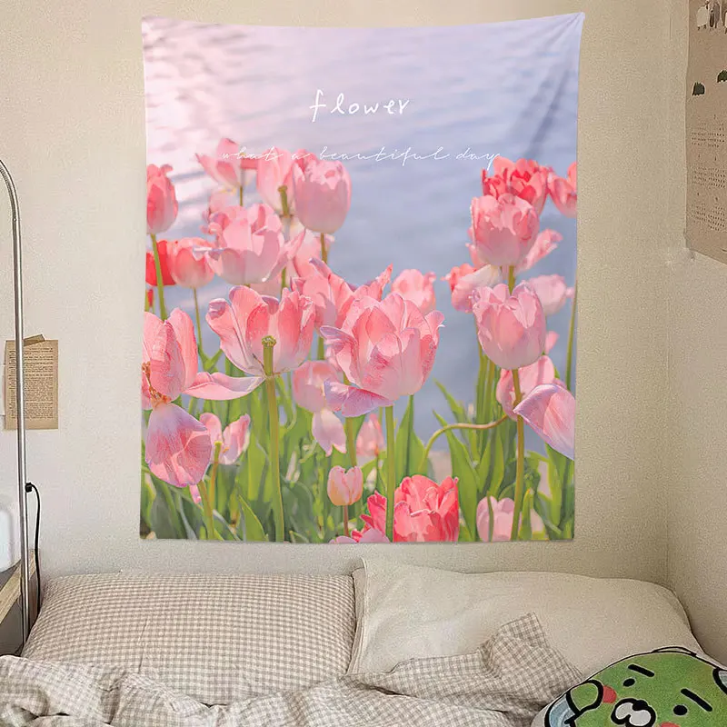 VIKAMA Ins Korean Style Healing And Fresh Tulip Flower Cream Style Hanging Fabric For Bedroom Bedside Floral Background Fabric