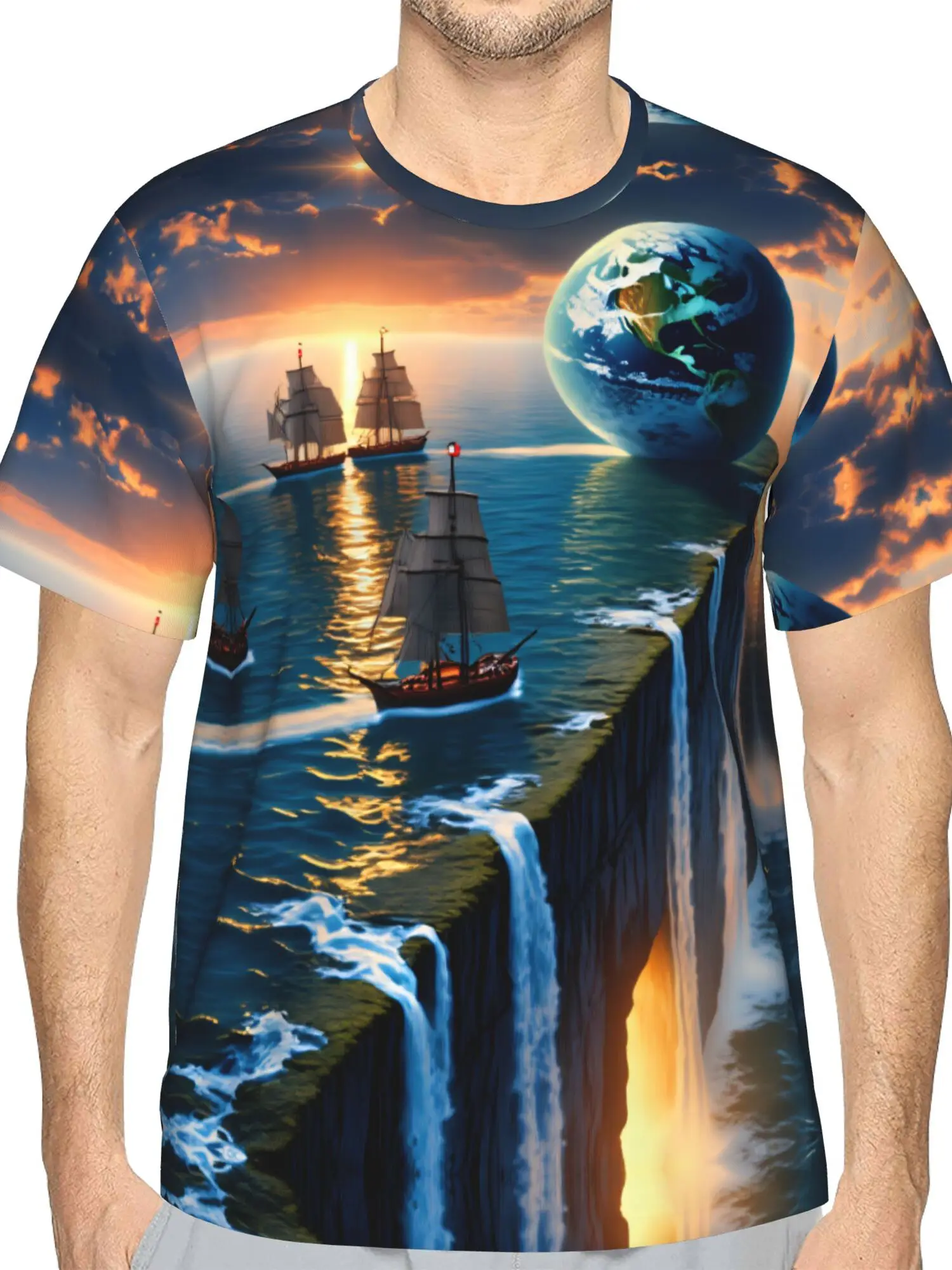 Men's Earth Cliff Waterfall Vintage Sailboat Sunset Print T-Shirt Crew Neck Short Sleeve Fantasy Ocean Casual Graphic Tee Tops