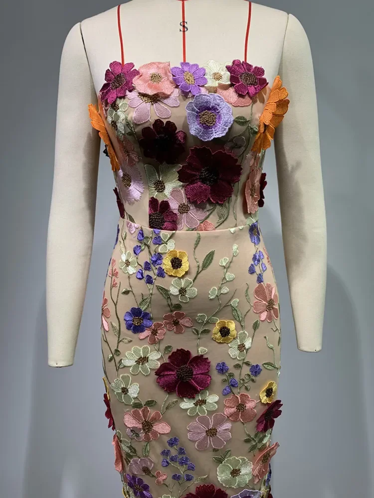 Robe de soirée mi-longue sans bretelles pour femmes, robes de gala, créateur de fleurs, mode de piste, rue haute, mince, luxe, nouveau, 2024