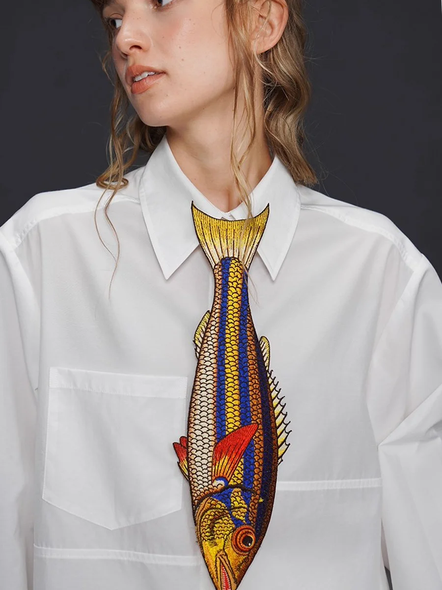 

Ladies' Golden Palm Fish Embroidery Tie Versatile All-Season Accessory No Knot Required Fashionable Ladies' Neckwear