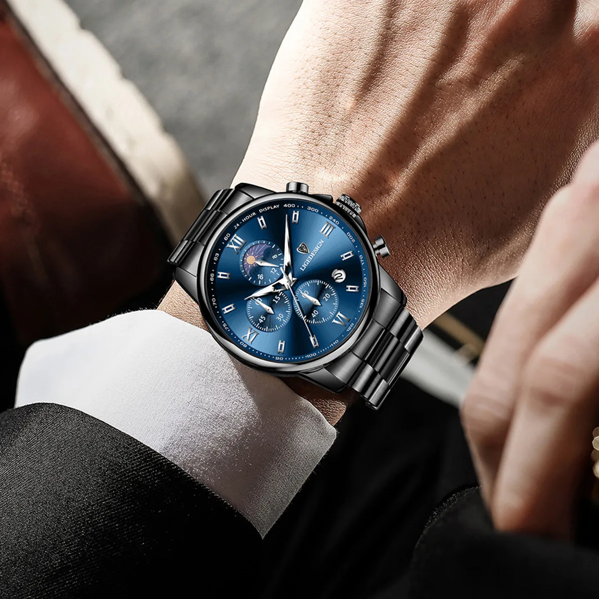 LIGE Orologio al quarzo da uomo di lusso Moda fasi lunari Orologi da uomo d'affari Orologio cronografo da uomo impermeabile in acciaio inossidabile