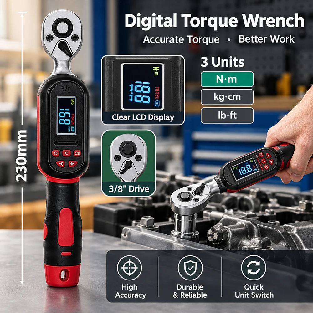 3/8 Digital Torque Wrench High Precision with LCD Display Bidirectional Ratchet 72 tooth for Auto Repair/Equipment Assembly