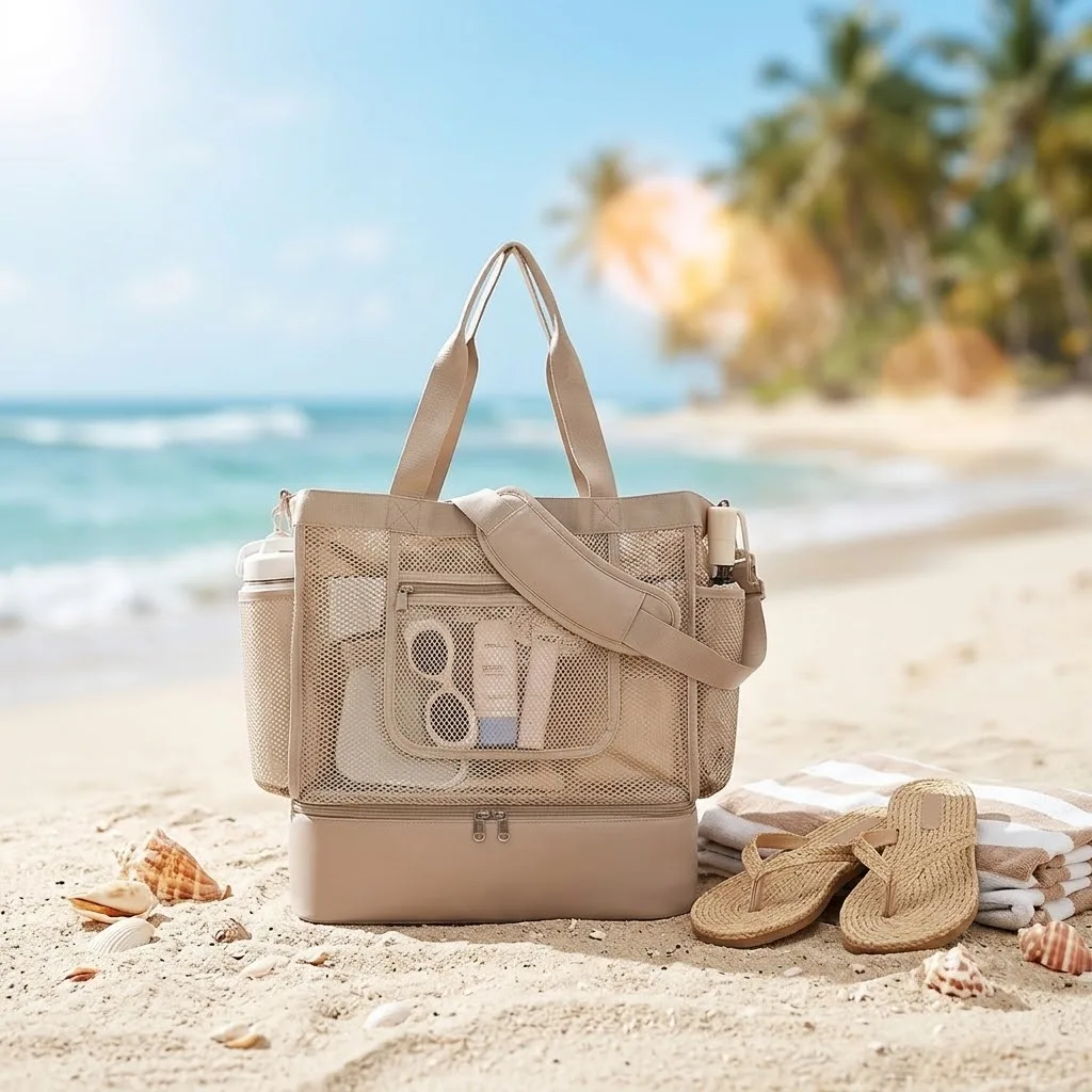 Women Large Foldable Mesh Beach Tote Bag With Thermal Insulated Base And Adjustable Shoulder Strap Cooler Compartment For Drinks