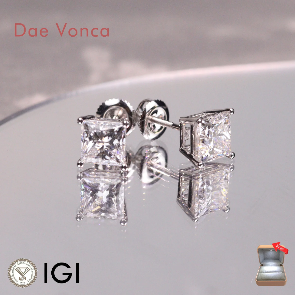 Custom 1.0-2.5CT Princess Cut Diamond Wedding Earring Studs 18K White Gold Fashion Luxury Women Screw Back Earring Studs