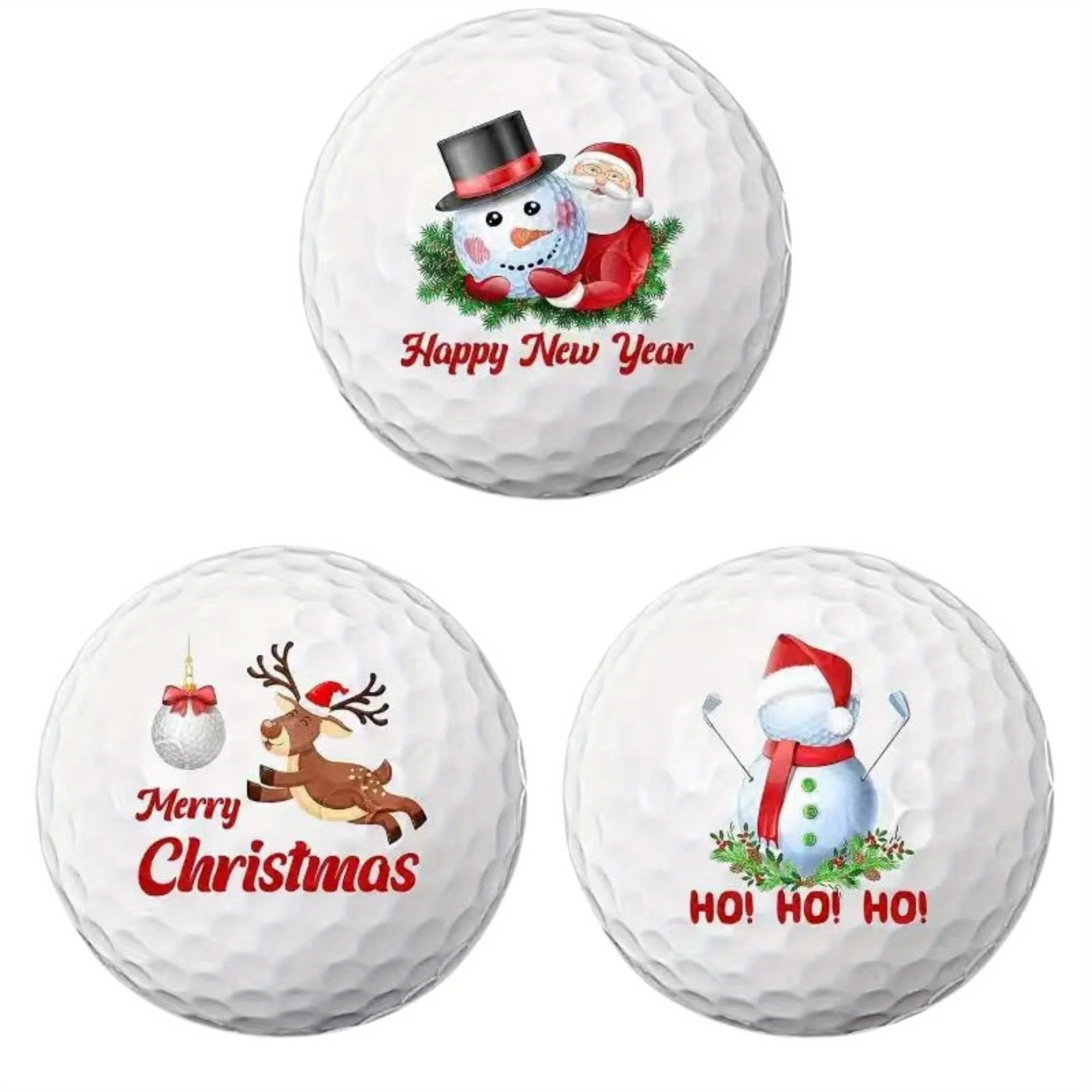 3 counts Festive Golf Balls Christmas Themed Designs with Santa Reindeer and Holiday Decorations Rubber Material Ideal