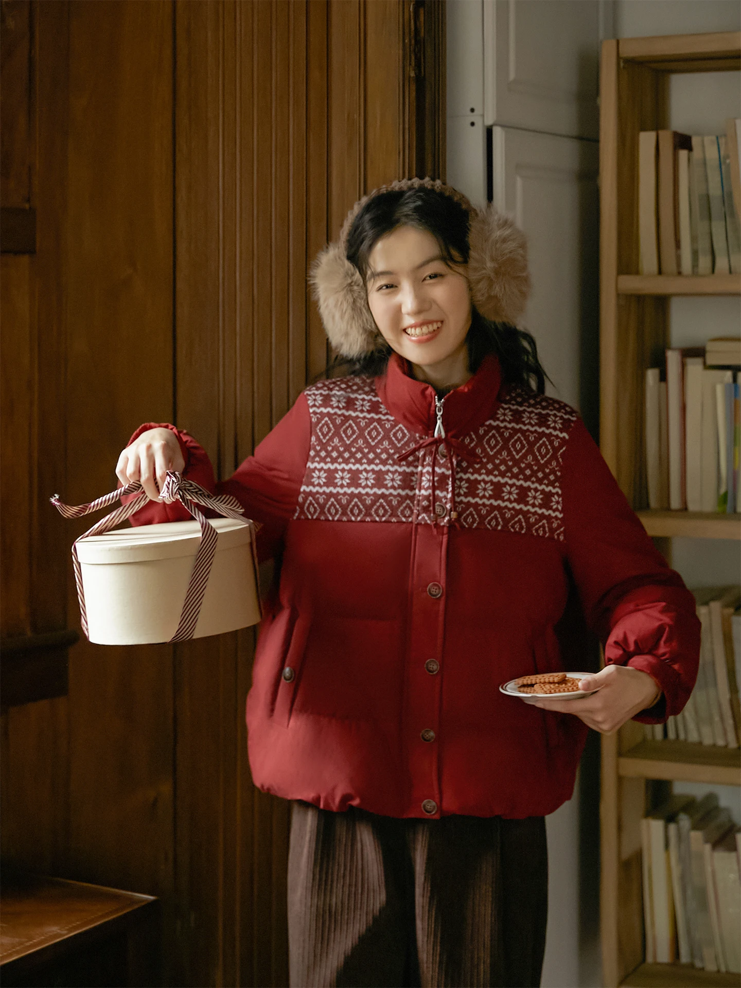 

Nesoulum Red Cisas Patchwork down Jaet Women's Winter Vintage Loose ort Coat New National Stand Du down Filling