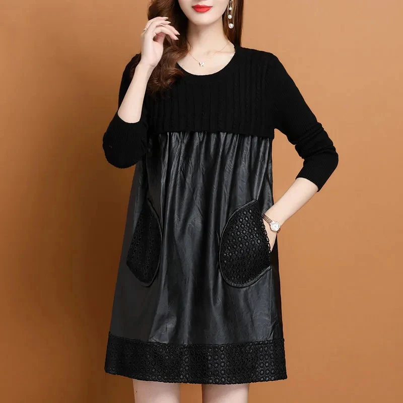 2024 New,Spring Autumn Dress,Women's Clothing,Split Knitted Sweater Panel PU Leather A-line Dress,Large Size Black Dresses,AC925