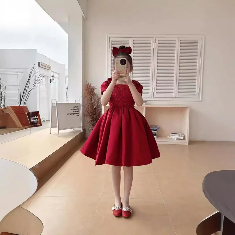 Girls' Stylish Birthday Dress Red Little Girl Flower Girl Host Princess Dress Children's High-end Piano Performance Dress