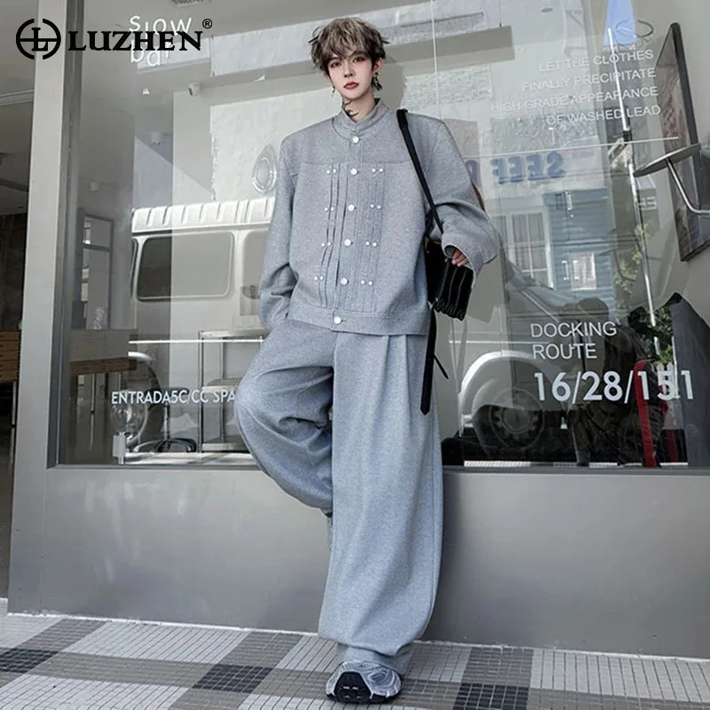 

LUZHEN Fashion Handsome Two-piece Sets Men's 2025 Autumn Solid Color Baggy Wide Leg Casual Pants Buttoned Patchwork Tops JY4162