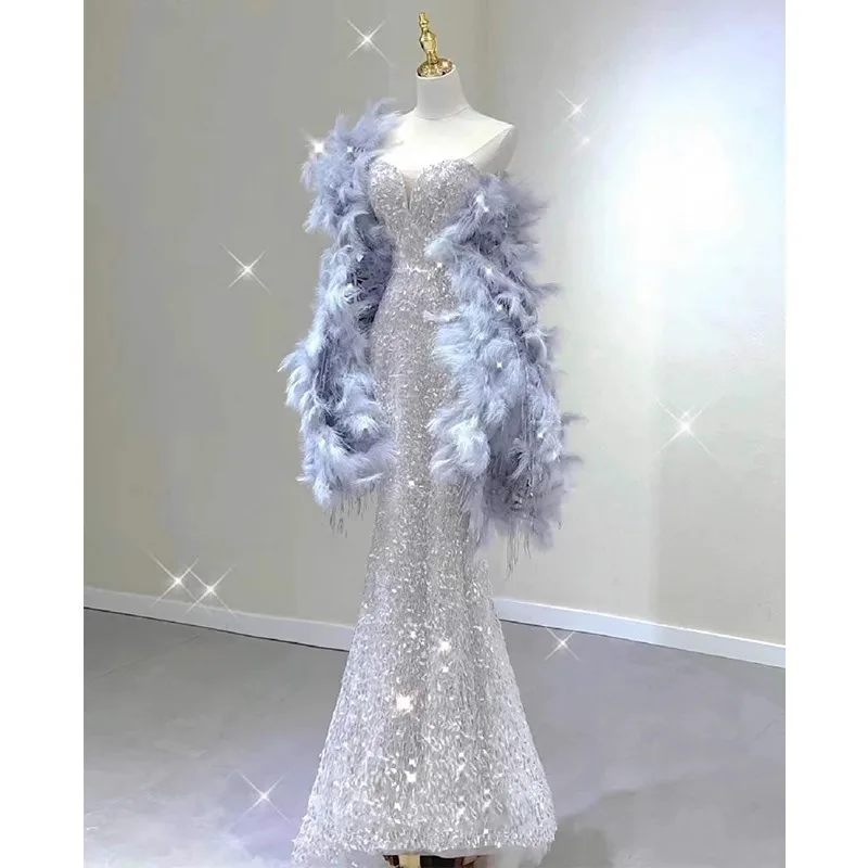 

Сексуальное серебряное вечернее платье с пайетками и перьями на плечах, женское, для торжественных мероприятий, свадеб и праздников