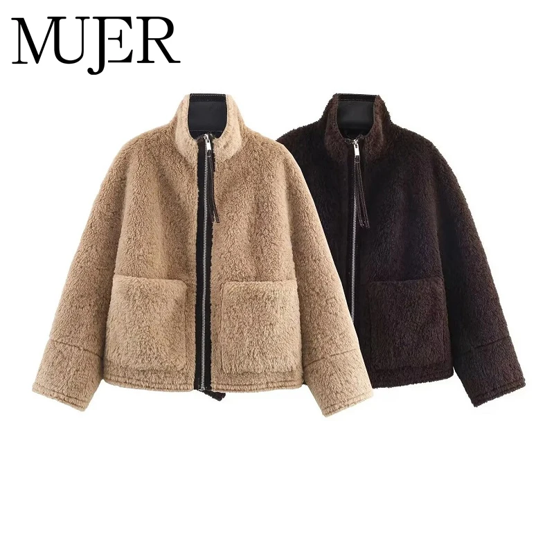 

MUJER пушистое пальто из искусственного меха, женская плюшевая куртка из искусственной кожи, женские двусторонние зимние куртки для женщин, верхняя одежда, теплое пальто