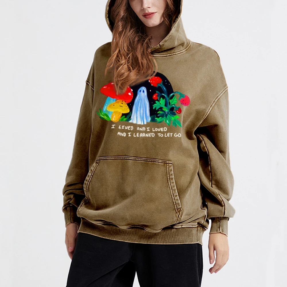 Vintage gewassen oude trui met capuchon Contrast Paddestoel Aardbei Ghost Print Schouder Hoge kwaliteit Hoodie Sweatshirt