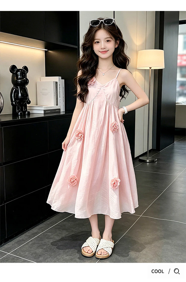 Elegante ärmellose Spaghettiträger-Kleider für Mädchen, Sommer-Urlaubskleidung, Strandkleid, Kinder-Blumen-Slip-Kleid, Schlafanzug – Detail 6