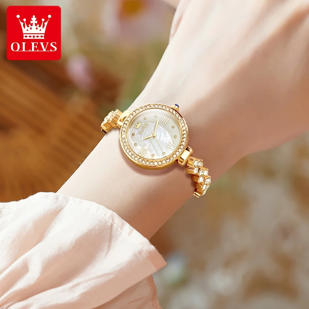 OLEVS jam tangan kuarsa wanita, arloji 9903 elegan modis tahan air, jam tangan gelang bercahaya berlian Bezel Reloj