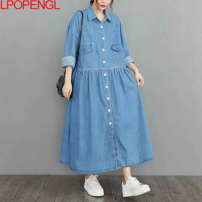 Woman Fashion Solid Colors Autumn And Winter Retro Denim Dress Cardigan Long Sleeve Single Breasted A-line Ankle-length Dress