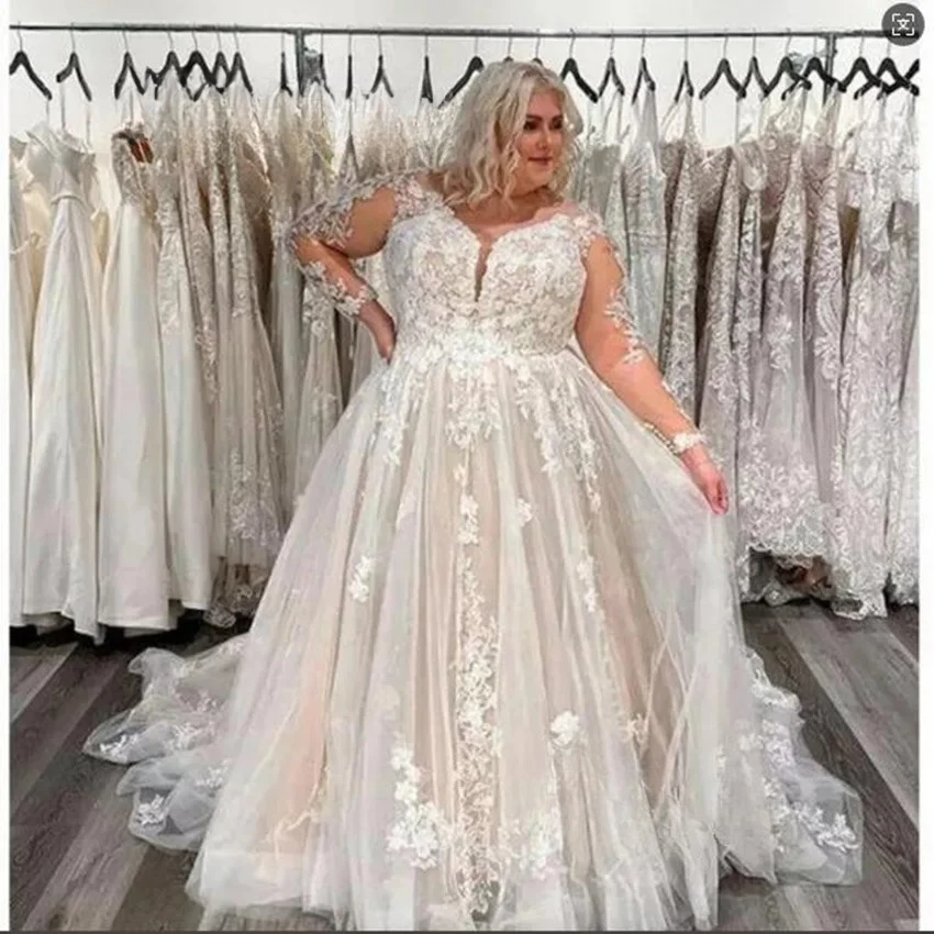 

Vintage Plus Size A-line Wedding Dresses For Bride Long Sleeves Sexy V neck Sweep Train Bridal Gown Tulle vestiod de novia