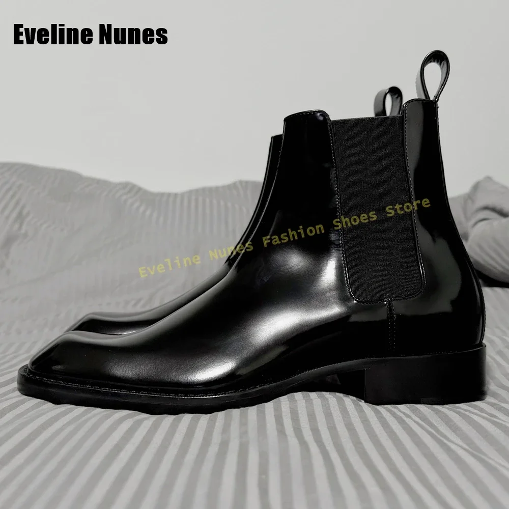 Dedo do pé quadrado retro chelsea botas de couro patente preto retalhos puxar no tornozelo masculino punk legal escuro bota 2025 novo estilo sapato casual