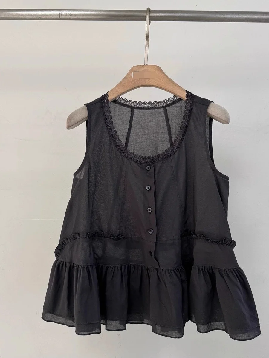 

Summer 2026 Black Lace Trimmed Cotton Shirt Women's Fashionable Sleeveless Hemmed Blouse with Strap Vest round Neck Button Cl...