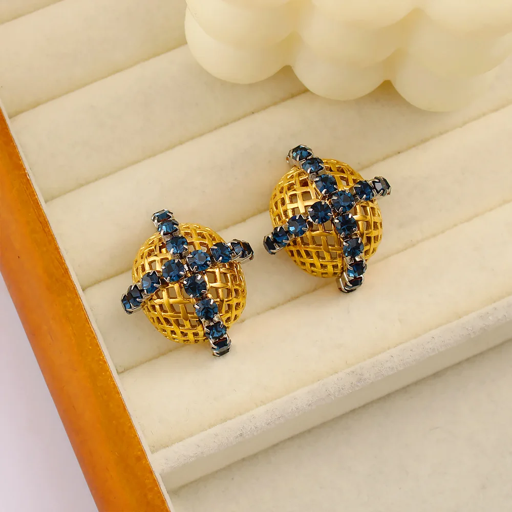 DIY accessories  hollow mesh zircon stud earrings elegant temperament stainless steel plated 18K gold earrings light luxury high