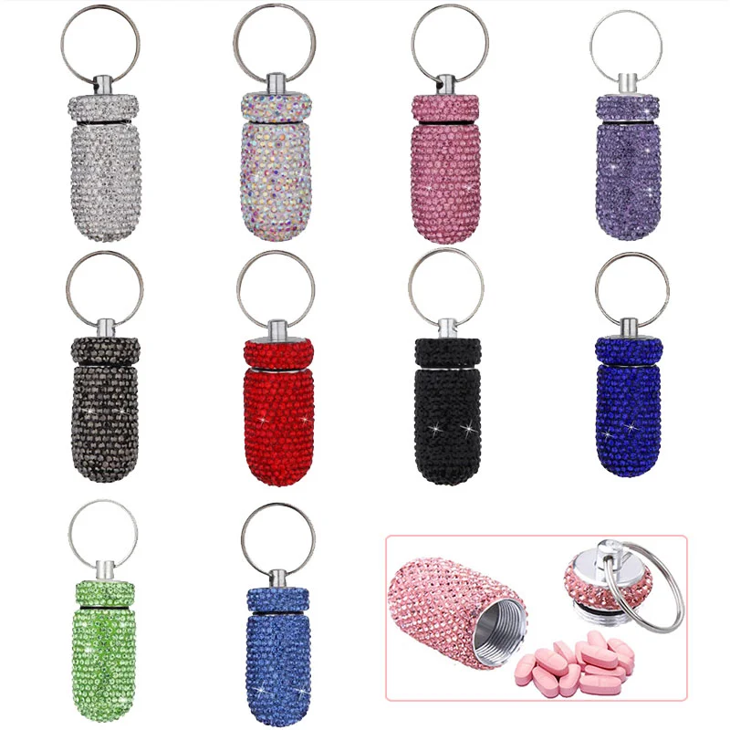 

Sealed Medicine Bottle Key Rings Medicine Storage Box Full Rhinestone Mini Medicine Vial Portable Keychain Accessories Key Rings