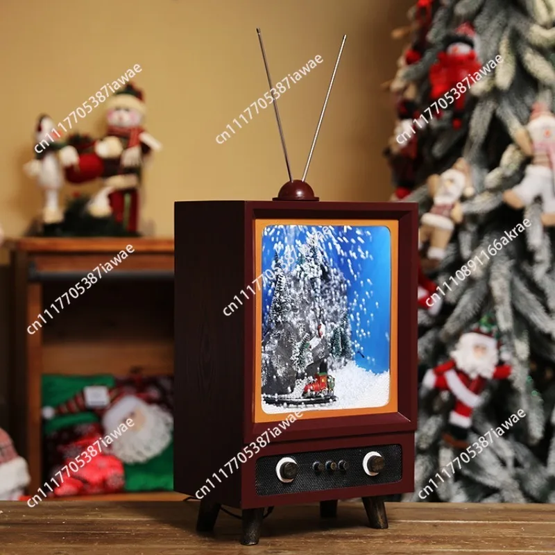 New Christmas decorations small retro TV snow music lighting venue set props