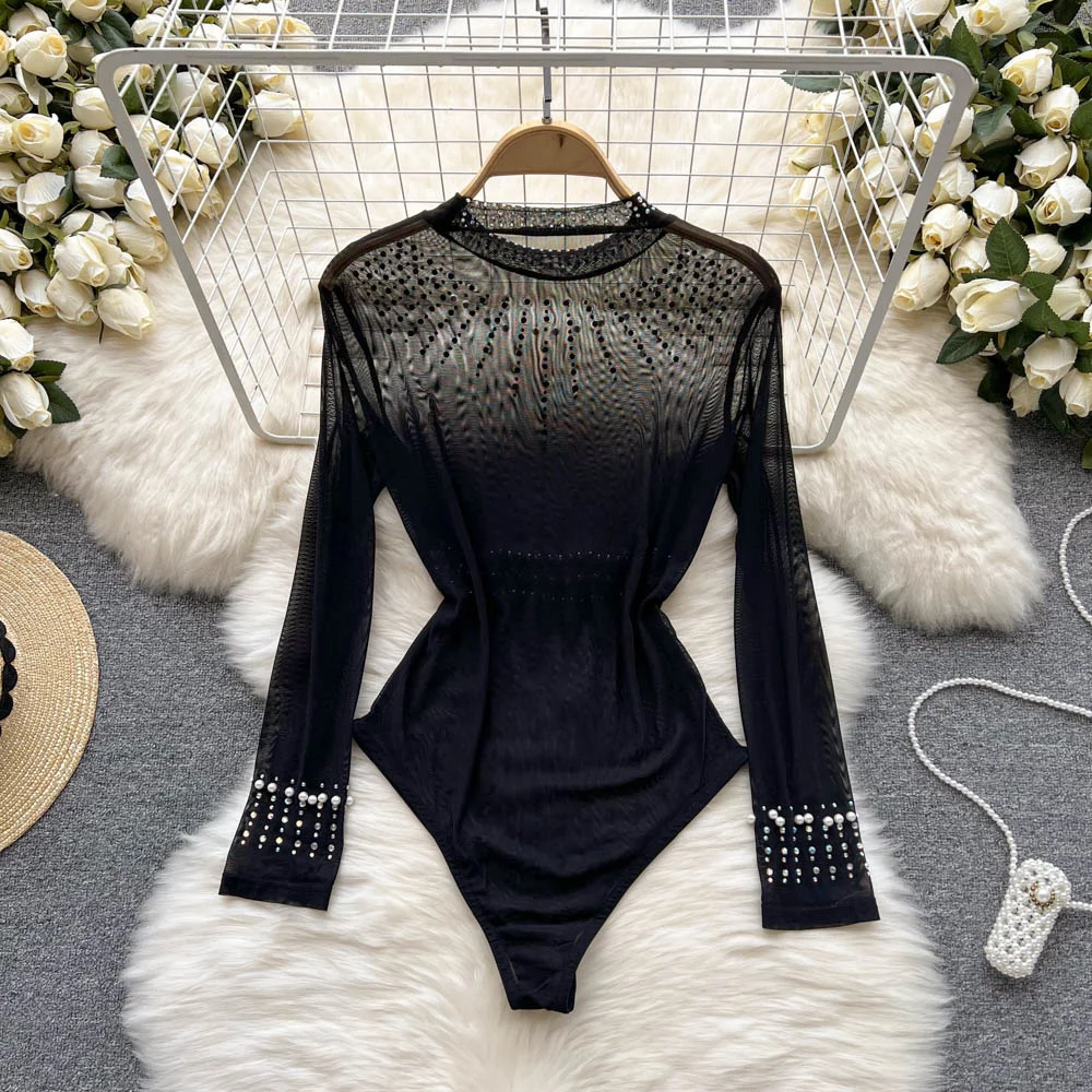 Sexy Women Bodysuit See Through Sheer Mesh Long Sleeve Body Tops 2024 summer Fashion Beading Skinny Club Party Rompers Overalls