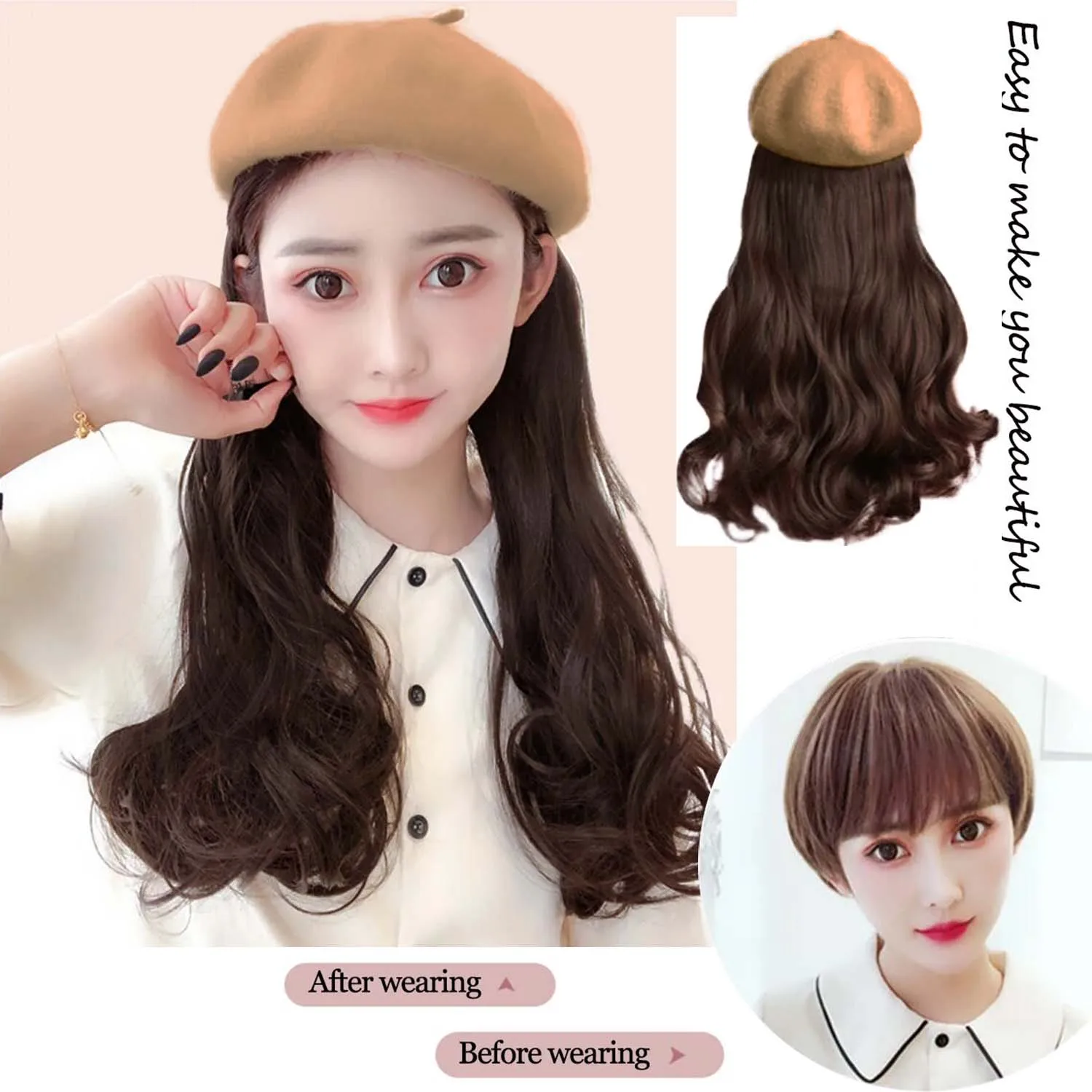 Synthetic Hat Wig Long Curly Wave Wig Black Brown Beret Wig for Women Daily Party Naturally Hat Hair Extensions Wig