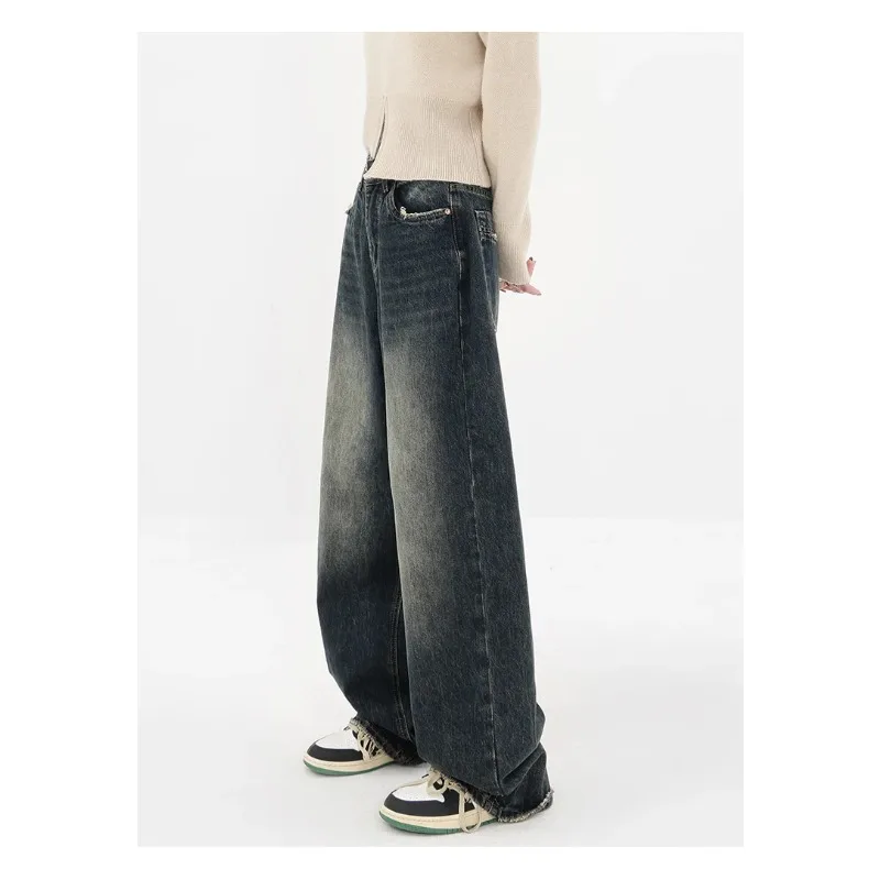 Harajuku Streetwear Retro Fashion Autumn Women High Waist Jeans Loose Wide Leg Straight Loose Denim Trousers Y2K Baggy Pants