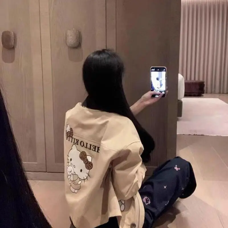 

Sanrios Cute Jacket Hello Kittys Cartoon Cardigan Long Sleeve Short Style Loose Versatile New Style College Gift for Girlfriend