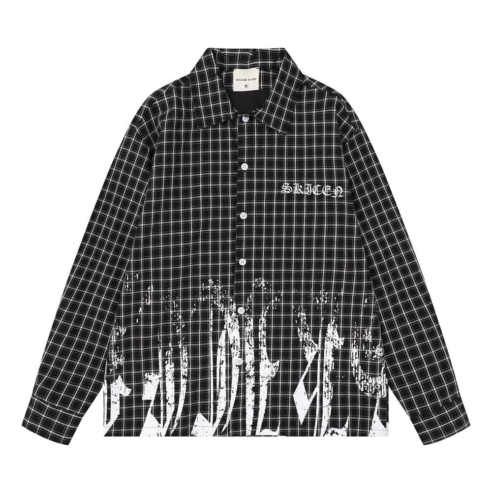 MWJLPWQ American-Style Trendy Plaid Long-Sleeve Men Spring Autumn Letter Embroidery Graffiti Print Casual Loose Fit Tops 20097