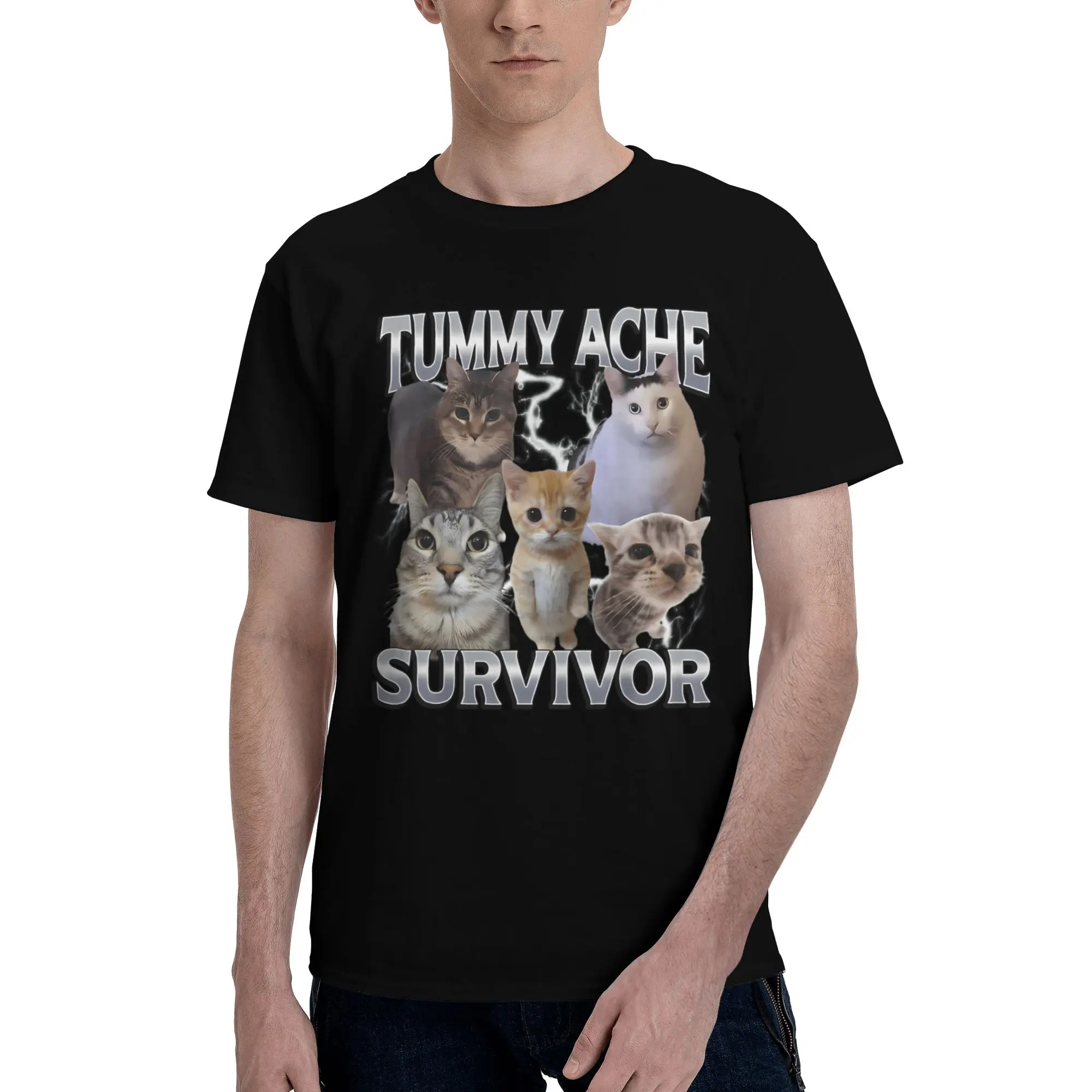 

Tummy Ache Survivor Cat Meme Tshirt for Men Short Sleeves Fashion Casual Graphic Clothing Loose Fit Pure Cotton Camisetas