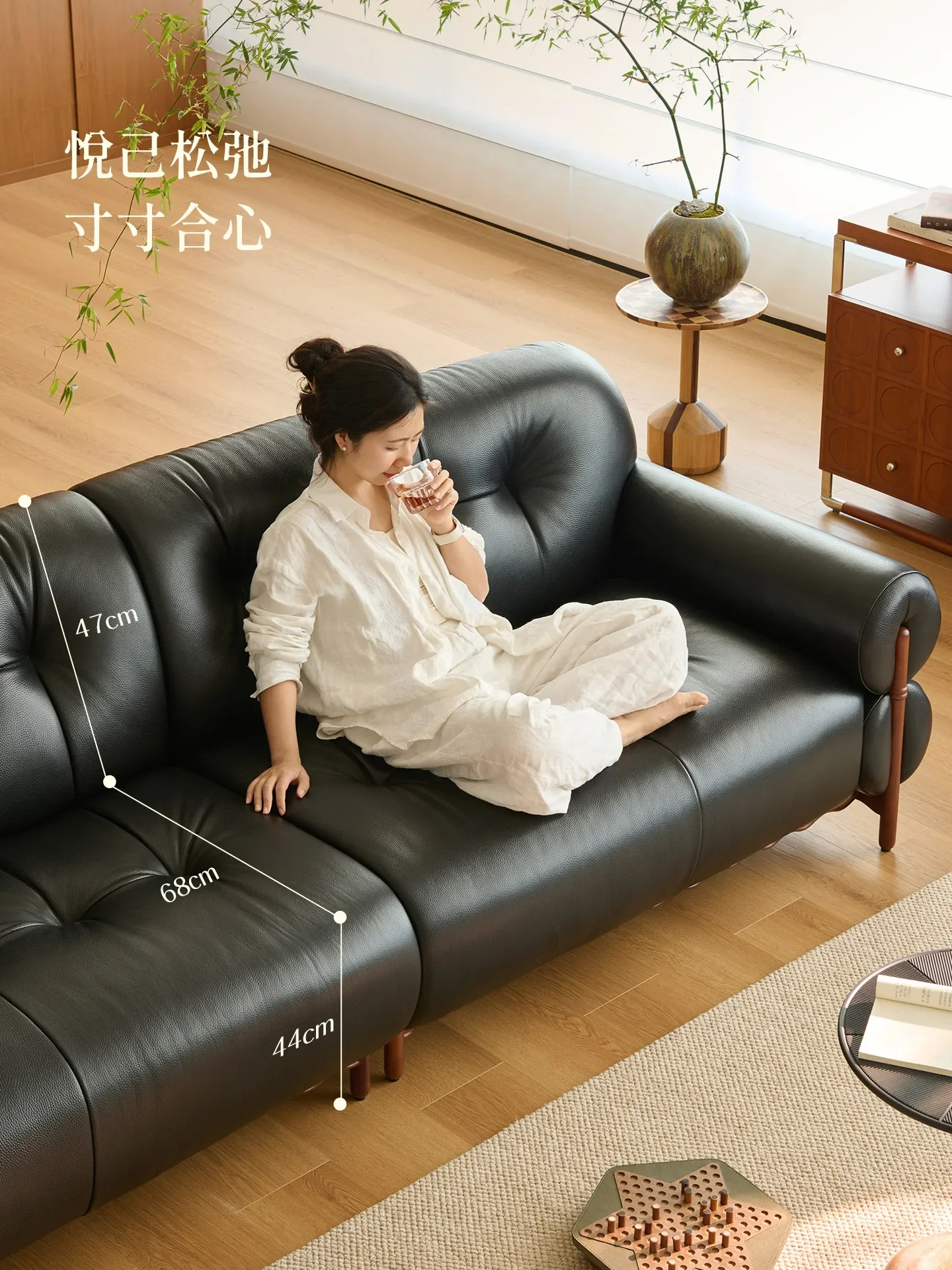 Black All-leather Cherry Solid Wood Tall Top Layer Cowhide Living Room Straight Row Sofal16