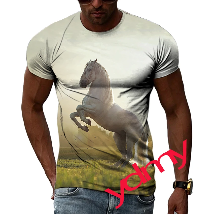 

Tide Fashion Summe The Horse Picture Men's T-shirt Casual Print Tees Hip Hop Personality Round Neck Short Sleev Tops