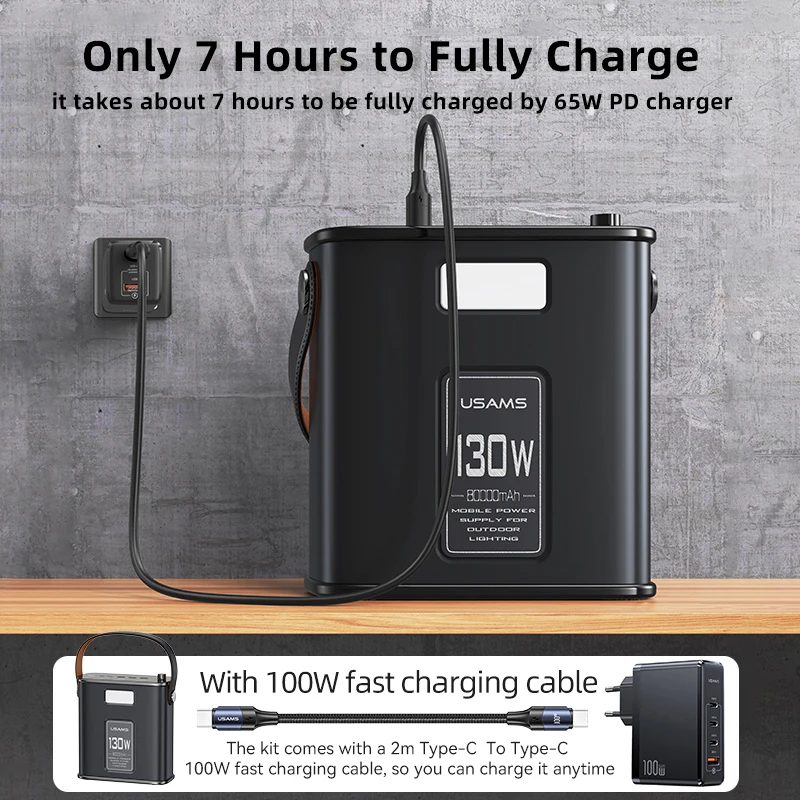 USAMS 130W Power Station 80000mAh Emergency Power Supply Poratble Fast Charger for Outdoor Camping Home Energy Power Storage