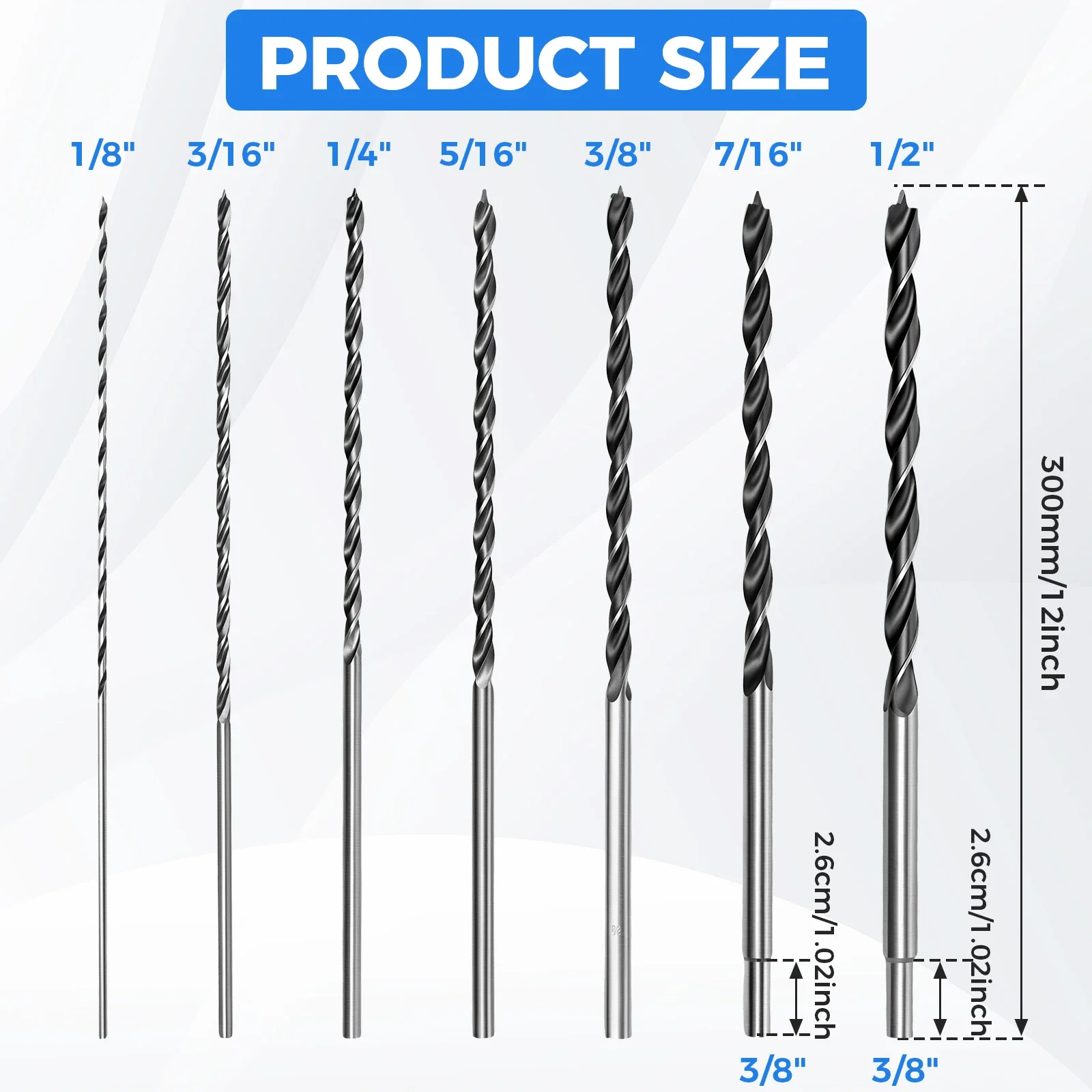 7PCS 12 Inch Extra Long Brad Point Wood Drill Bits Set 1/8 to 1/2 Inch Reduced Round Shank Twist Drilling Tool For Plastic PVC
