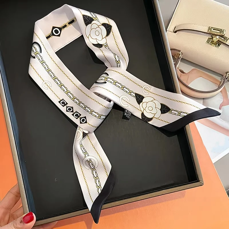 Nouveau luxe 5*85cm modèle mince tempérament petite écharpe longue écharpe en soie bandeau de cheveux femmes tout-Match Double face Streamer