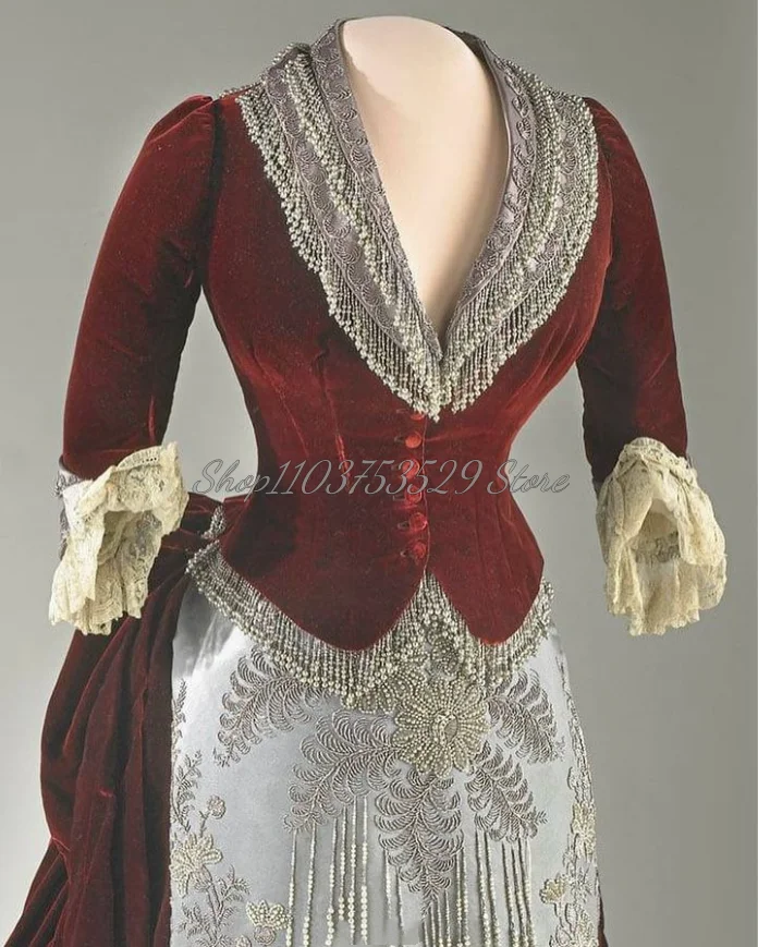 Classic Burgundy Victorian Prom Dresses Delicate Tassel Beaded V-Neck Corset Seven-Part Sleeve Embroidered Pleated Court Style