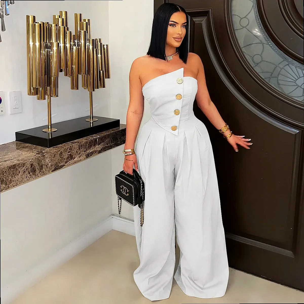 Sexy Strapless Sleeveless Metal Button Wide Leg Jumpsuit Women Overall Jumpsuits Spring Summer