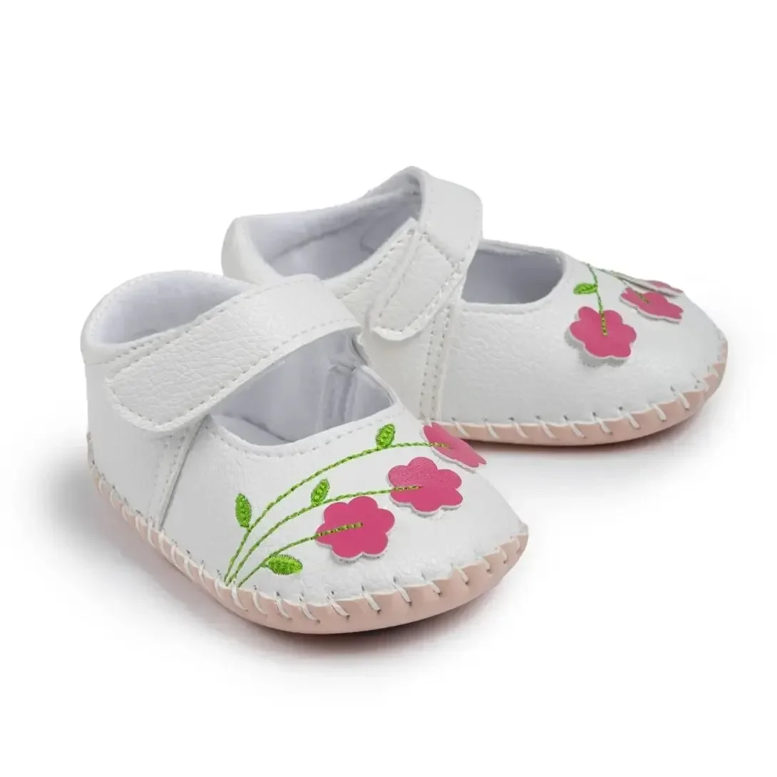 Meckior Baby Boys Girls Pu Leather First Walking Crib Shoes Toddler Rubber Sole Infant Embroidered Flower Princess Baby Shoes