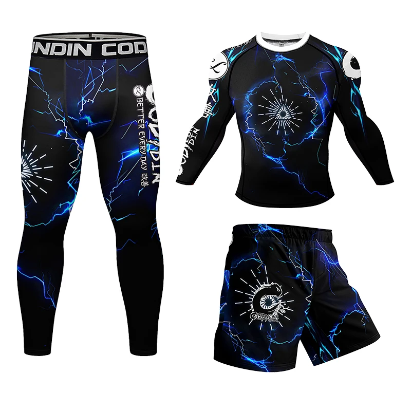 

Blue Rash Guard Jiu Jitsu T-shirts+Pants Sets For Men Kickboxing Perspiration Gym Training MMA Boxing Kit Muay Thai Clothes