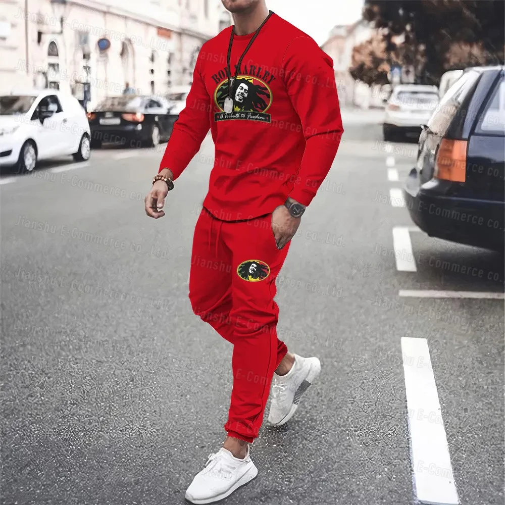 New Men T Shirt 2 Piece Set Bob Marley Love Trousers Hip Hop Sweatshirts Long Sleeve T Shirt+Pant Loose Jogging Tracksuit