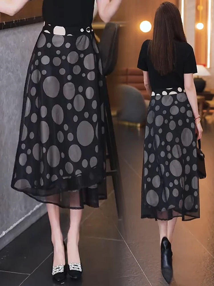 

Модная двусторонняя юбка-миди с принтом для женщин, повседневная юбка трапециевидной формы с высокой талией, полиэфирная ткань, весна-осень, новый Sle