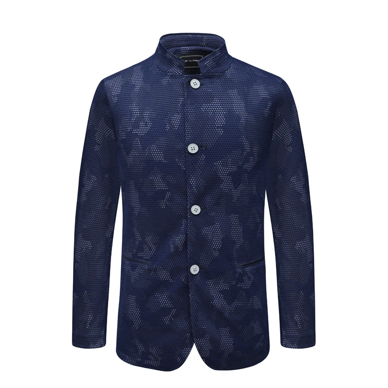 

Men's Knitted Jaet YW254 Casual Stand Collar Long Sve Deep Blue Faion Urban Sle Autumn Season Straight Button Coat