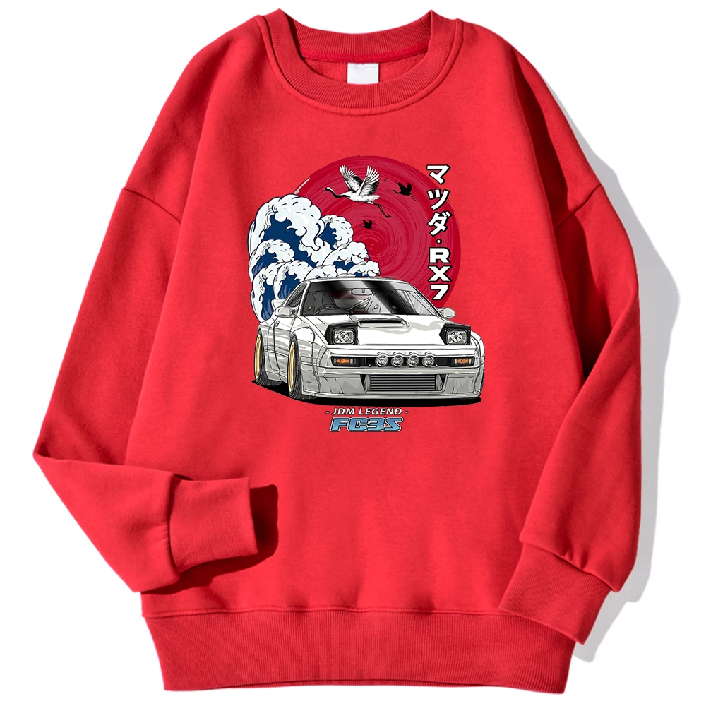 Japanese Car Waves Crane Red Sun Print Man Pullovers Oversize Fleece Hoodie Simple Crewneck Sweatshirt Autumn Casual Clothes